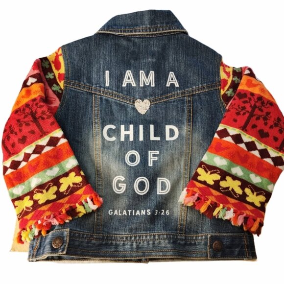 I Am A Child of God Upcycled Christian Girl's Sweater Sleeve Jean Jacket, 4T - Picture 1 of 4